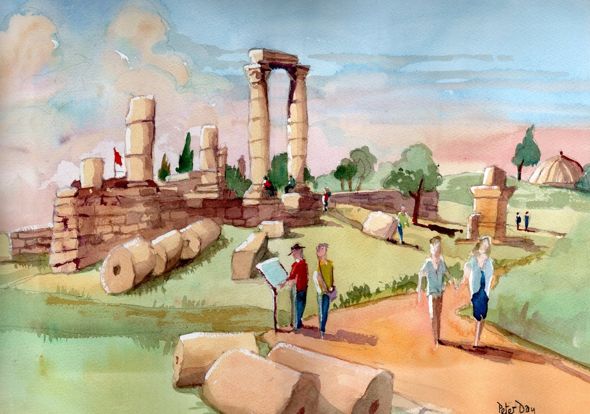 Impressionistic Cityscapes Watercolour By Peter Day, 17 X 13", Temple Hercules Amman Jordan, Original Artwork