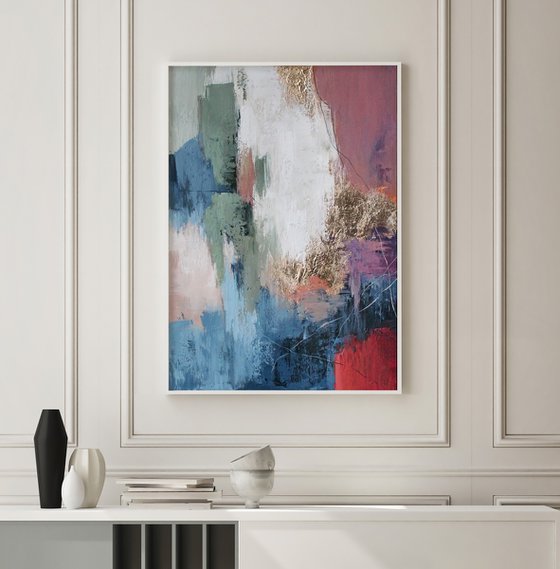 "Pink Brume" Pink blue gold abstract art