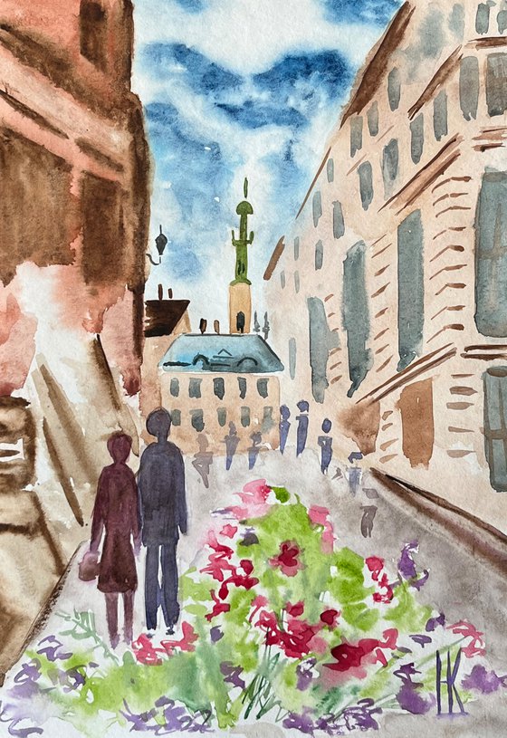 Lviv Painting Couple Original Art Ukraine Small Watercolor Cityscape Artwork 8 by 12 inches by Halyna Kirichenko