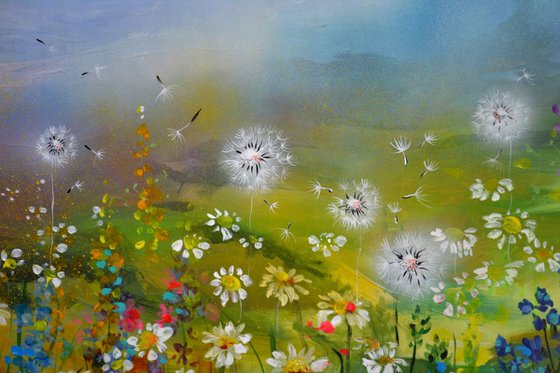 Wild Flowers Landscape - Huge Painting - Poppies and Daisies Large Floral Painting, Ready to Hang