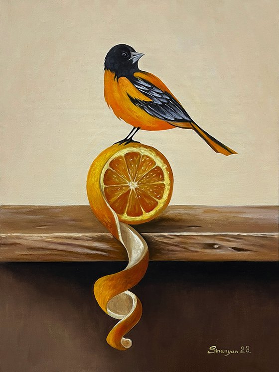 Still life with bird and orange(30x40cm, oil painting, ready to hang)