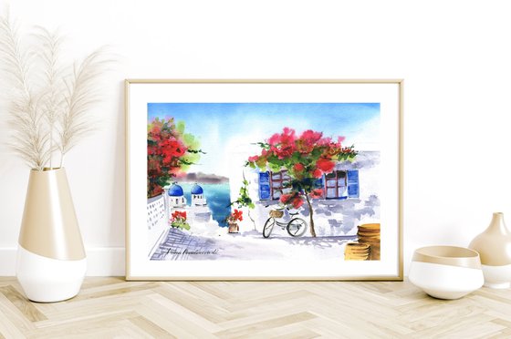 Santoriny coast blossom painting beach wall art living room home decor gift idea