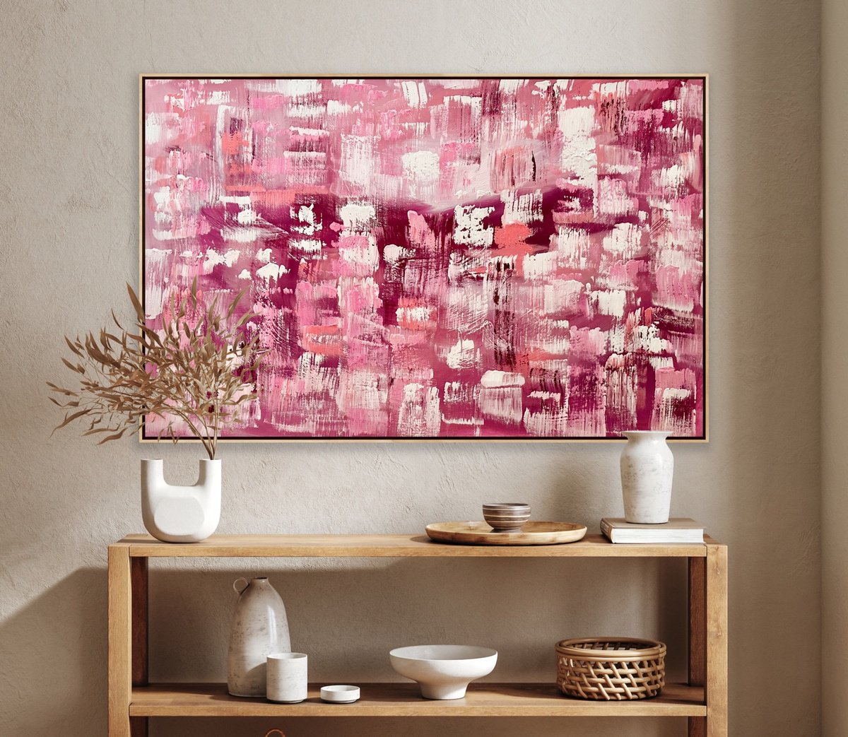 Organic Abstract Acrylic Painting By Alanah Jarvis, 55 X 33, Whispers Of Rose, Original Artwork