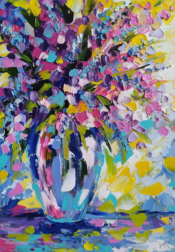 In the rays of the spring sun - oil painting, lilac, lilac bouquet, flowers, flowers oil painting