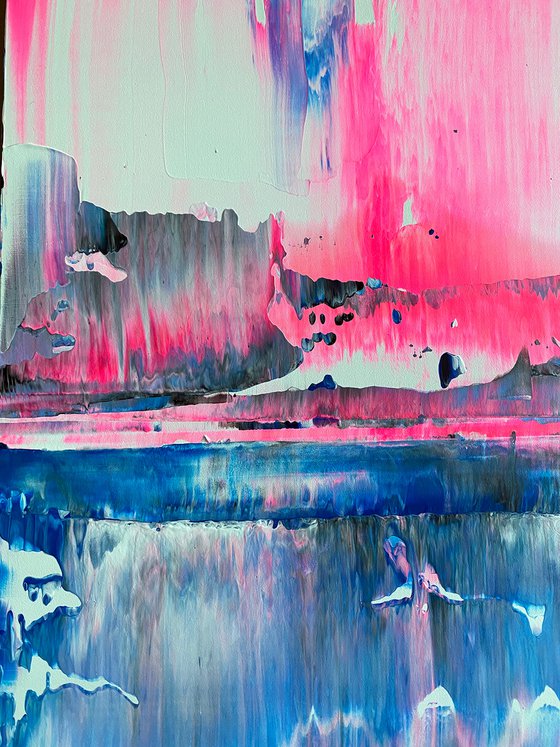 "From The Ice Age To The Pink Age" - FREE USA SHIPPING - Original PMS Abstract Acrylic Painting On Reclaimed Wood Panel - 14" x 24"