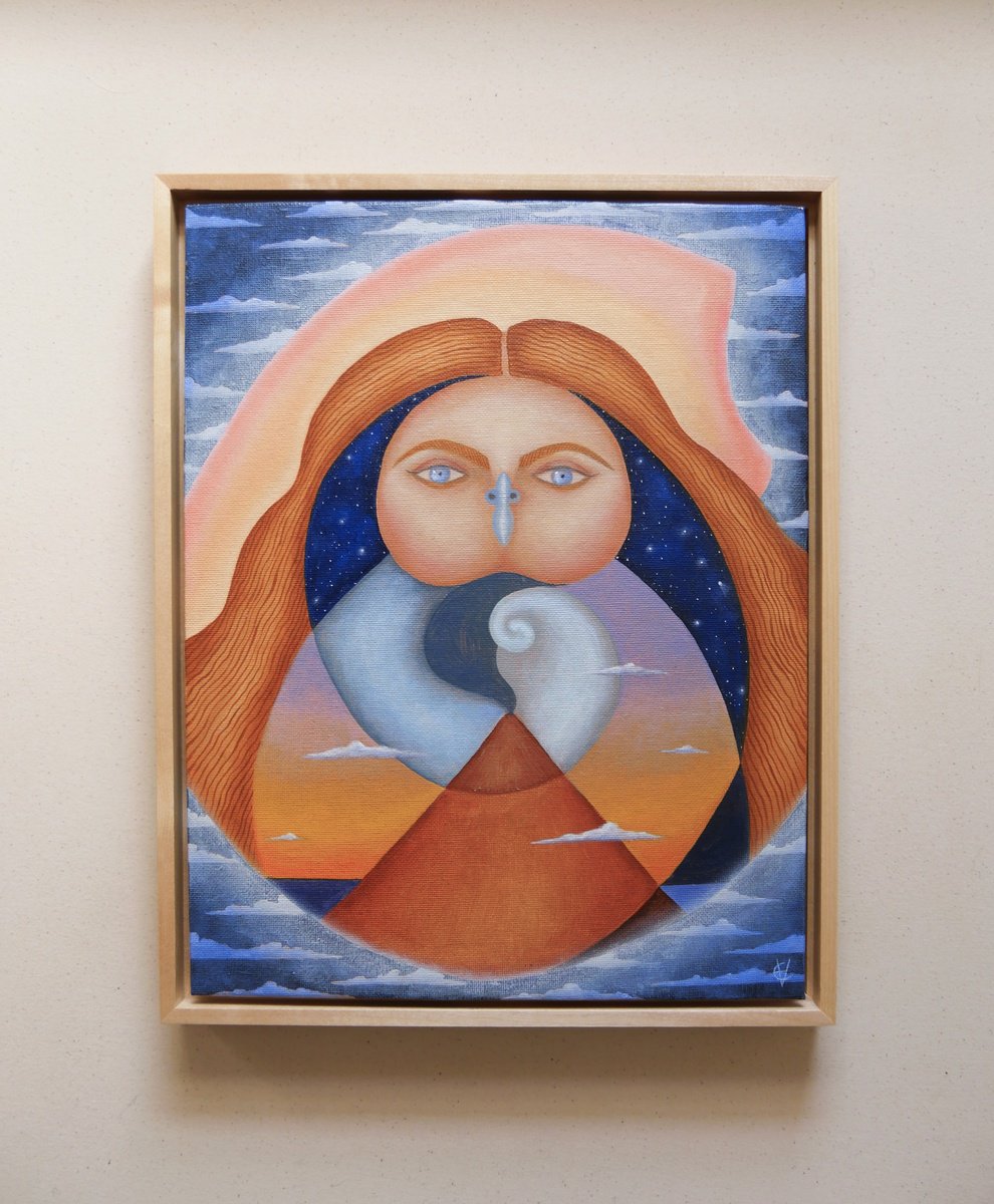 Surrealistic Landscape Oil Painting By Eve Devore, 12 X 15, Midnight Helix Owl, Original Artwork