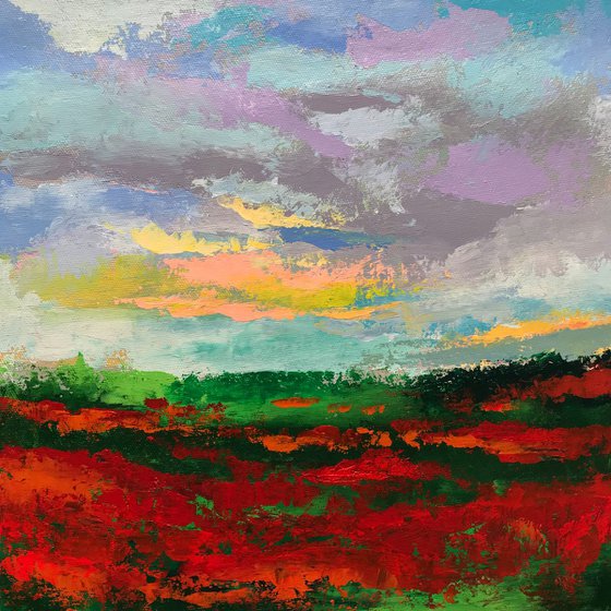 Red poppy garden before storm ! Impressionist Art ! Abstract landscape