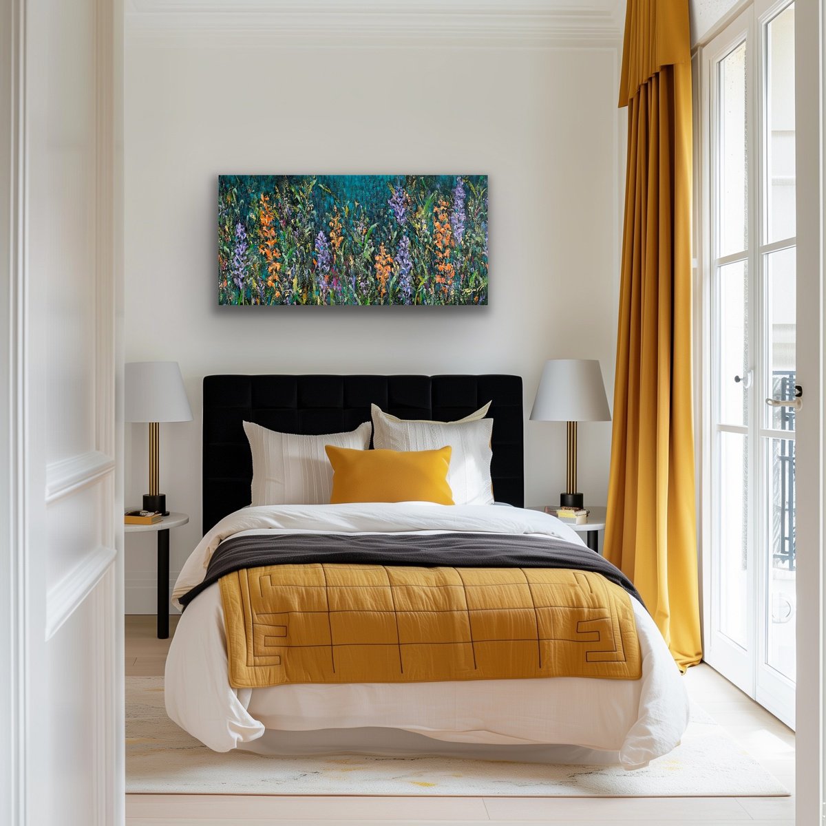 Impressionistic Botanical Acrylic Painting By Pooja Verma, 39 X 16", Midnight Summer Walk, Original Artwork