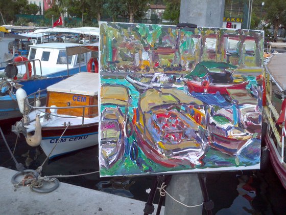 TURKEY. MARMARIS BOATS - Marina landscape, original oil painting for sale,  boat, beach, vacations, seashore, water, sea, yachting
