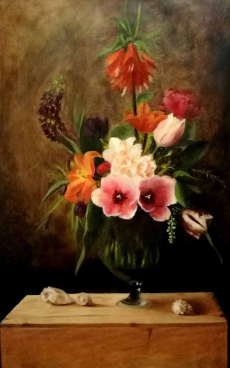 Photorealistic Botanical Oil Painting By Daniela Roughsedge, 18 X 27, Spring Arrangement, Original Artwork