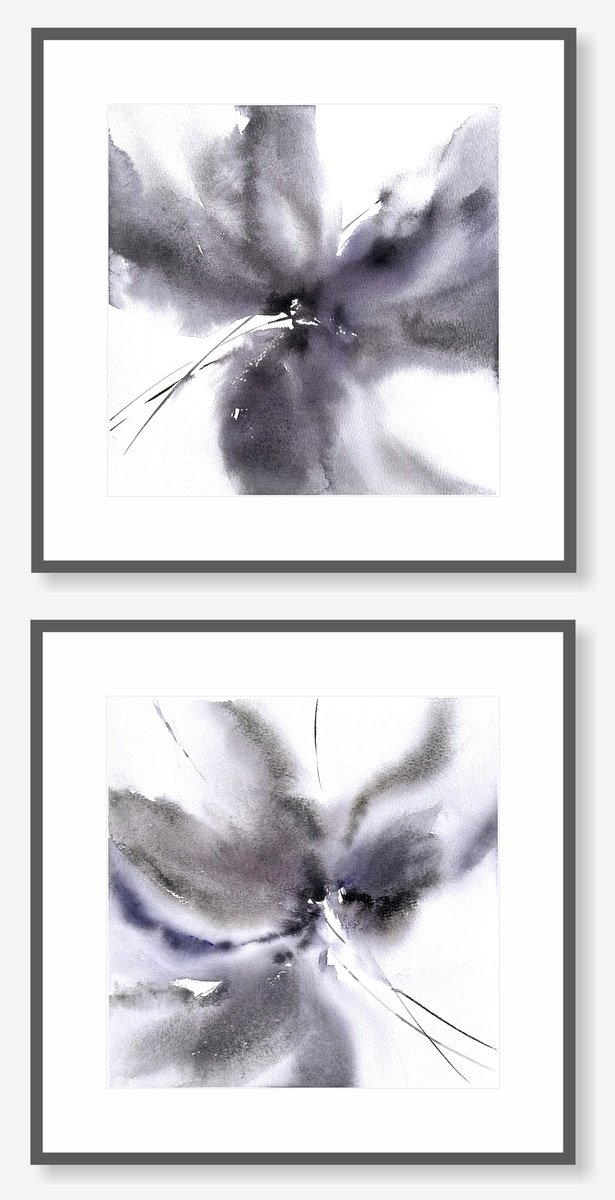 Abstract gray flowers set of 2 by Olga Grigo