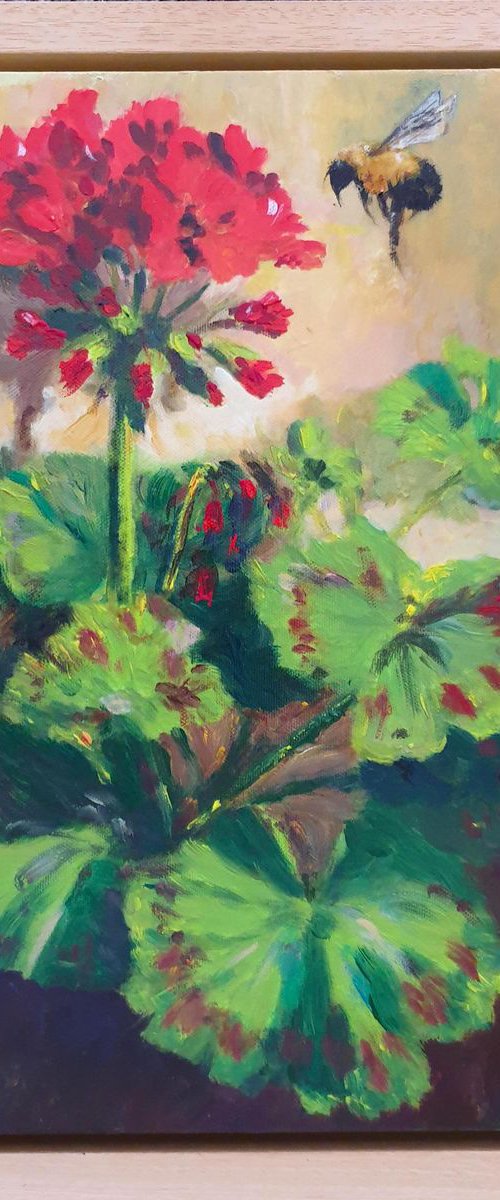Red Geranium & Bumble Bee by Teresa Tanner