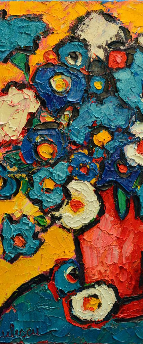 ABSTRACT BLUE POPPIES ON YELLOW by ANA MARIA EDULESCU