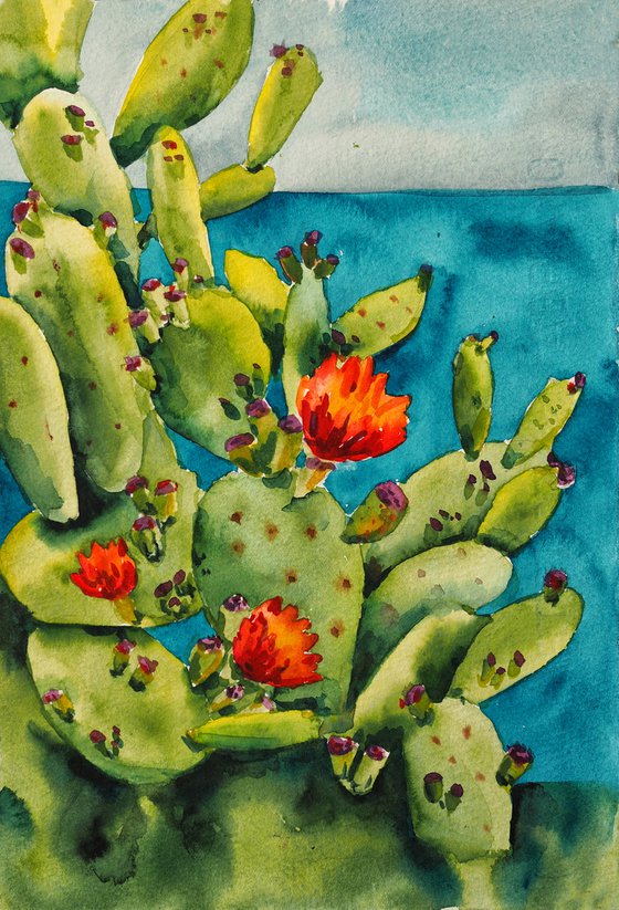 Opuntia - meditterianean seascape original watercolor