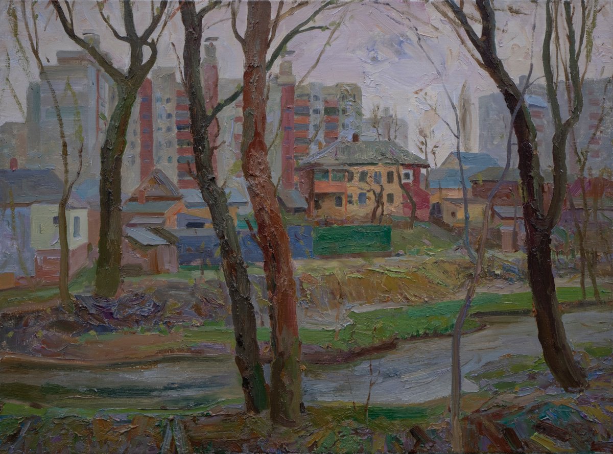 Impressionistic Landscape Oil Painting By Victor Onyshchenko, 31 X 24", An Overcast Day On Strizhen River, Original Artwork