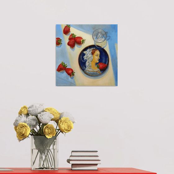 Still life with a plate, stawberries and a glass Romantic Impressionism (2020) 12x12 in. (30x30 cm)