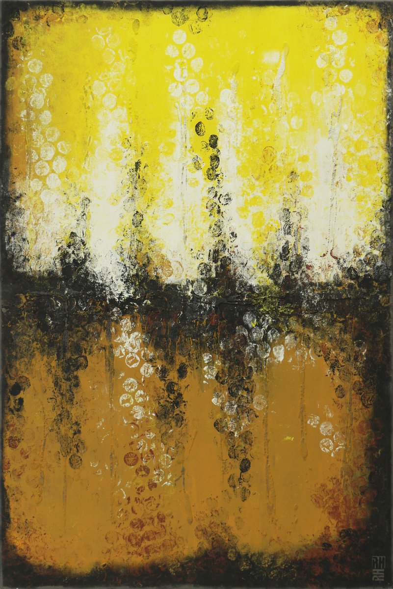 Vertical Abstract Painting - Boiling Bubbles Camel & Yellow - Ronald Hunter - 27J by Ronald Hunter