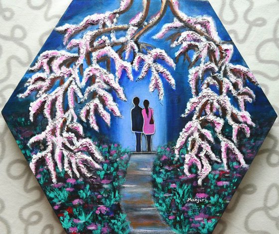 Romance under the Cherry Blossom colorful hexagonal romantic painting
