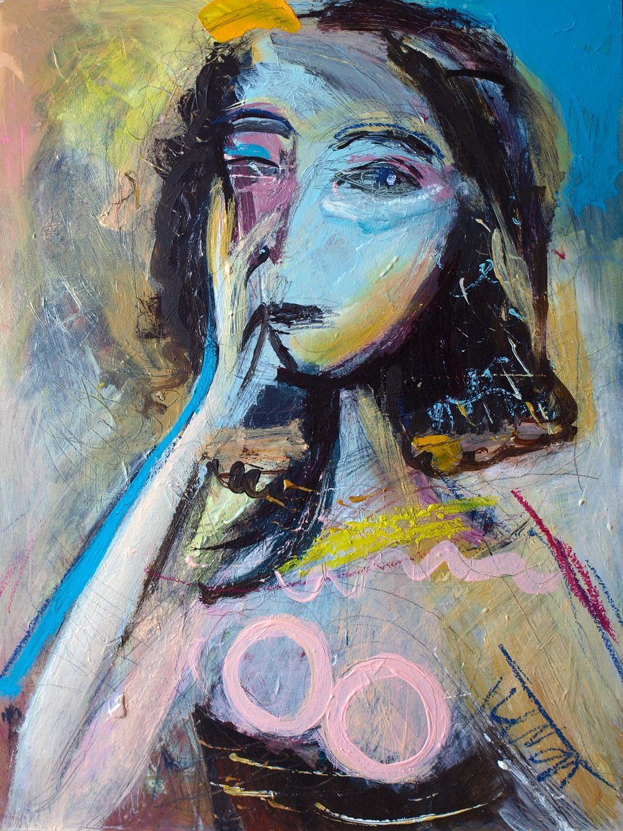 Organic Portrait Acrylic Painting By Catalin Ilinca, 12 X 16, Woman Sitting (04-2025), Original Artwork