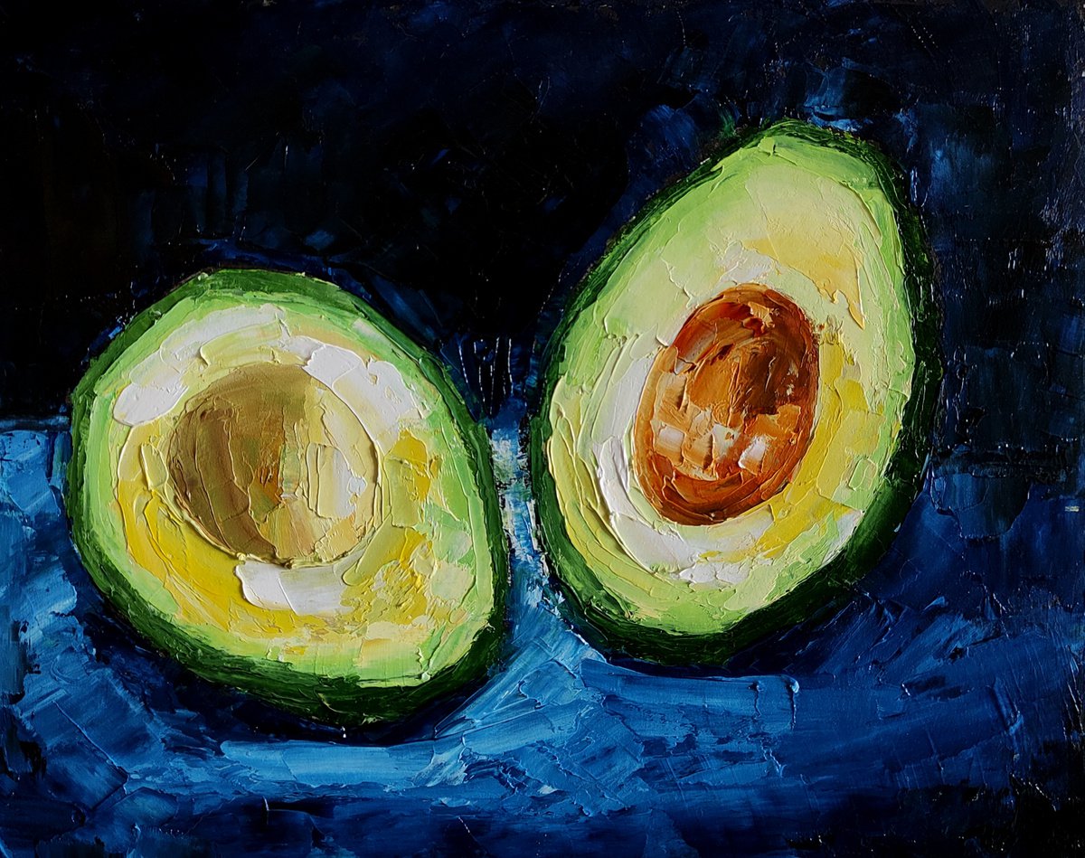 Avocado Painting Original Art Kitchen Artwork Fruit Vegan Wall Art by Yulia Berseneva