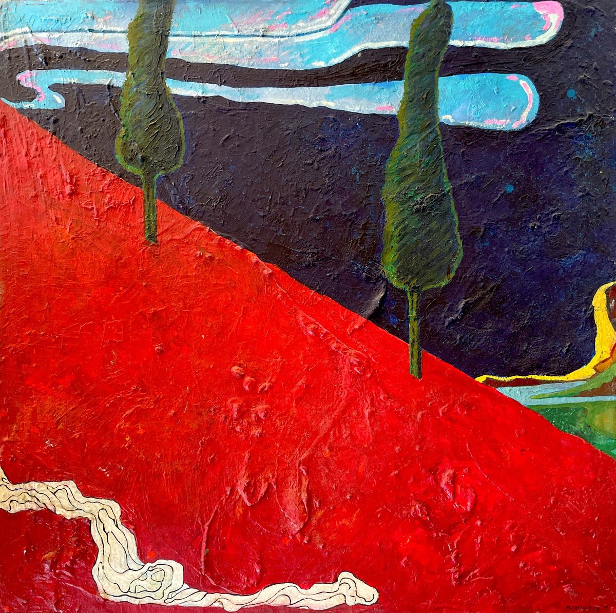 Impressionistic Landscape Oil Painting By Mauro Carac, 31 X 31", Cypresses And Red Meadow, Original Artwork