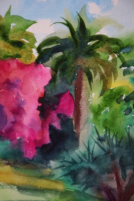 Spanish watercolor painting Tropical blossoming forest on Canary Islands