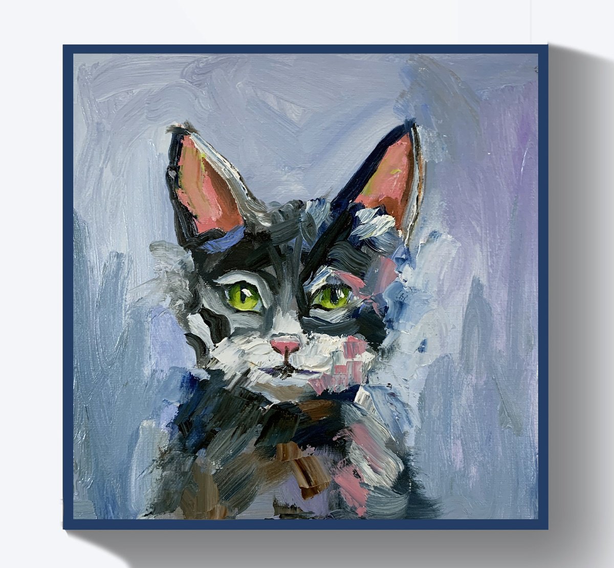 Impressionistic Animal Oil Painting By Vita Schagen, 10 X 10", Blue Black Cat Portrait., Original Artwork