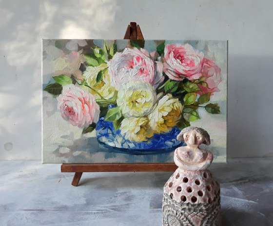 Roses love, floral oil painting on canvas, yellow pink roses in a blue vase