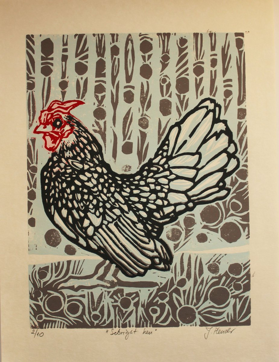 Graphic Animal Linocut By Joanna Plenzler, 9 X 12, Sebright Hen, Original Artwork