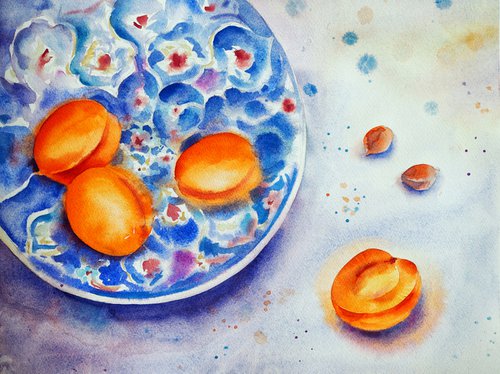 Still life with apricots on a turkish plate - original watercolor turquoise patterns by Delnara El