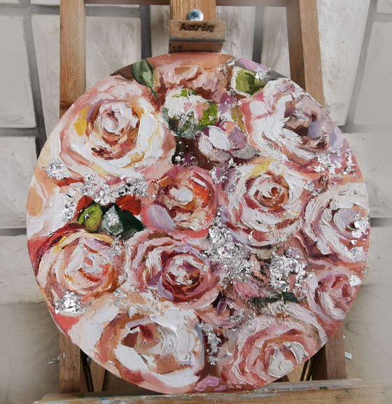 Peonies flowers painting on round canvas, Textural floral painting