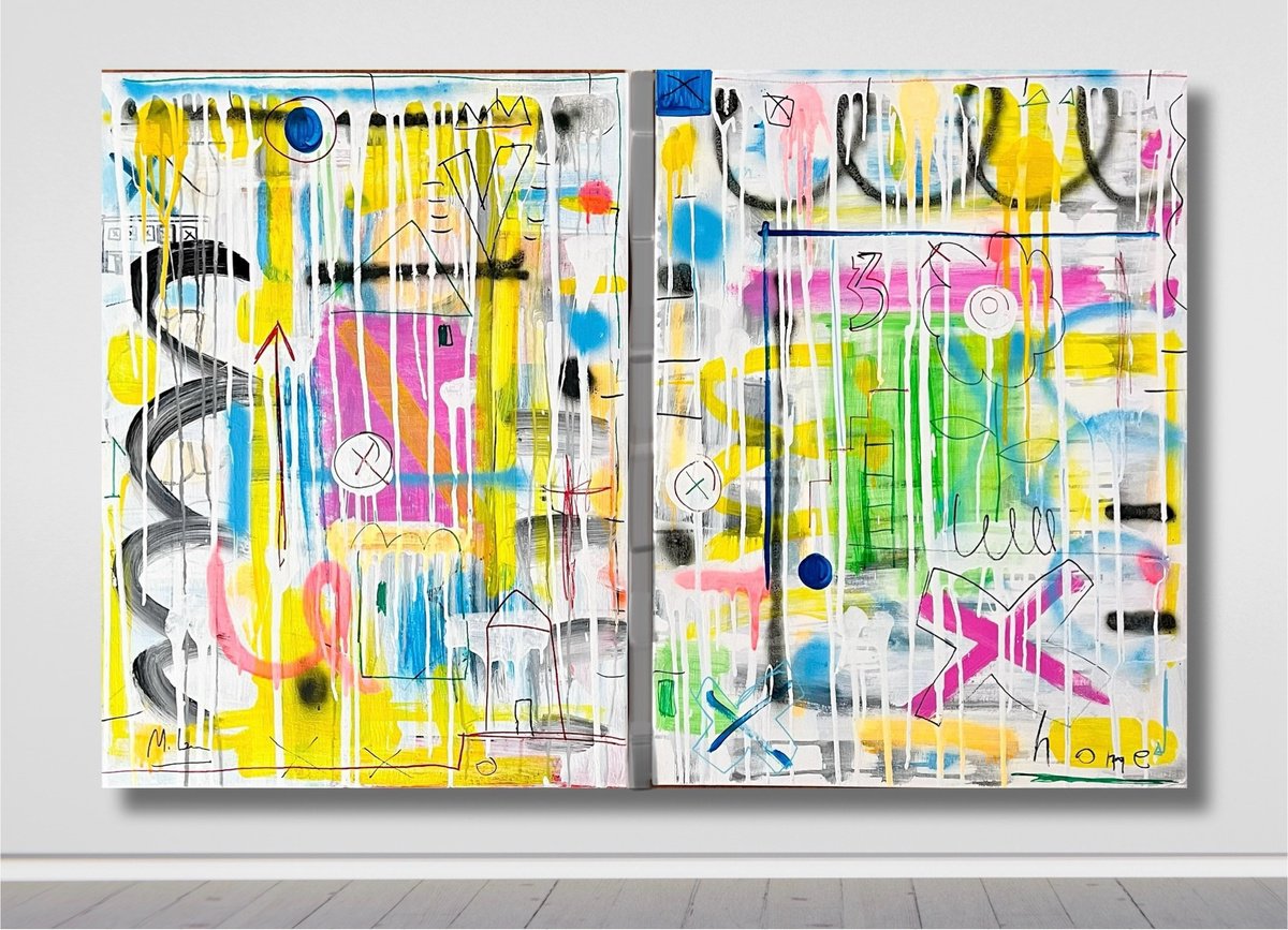 Urban And Pop Abstract Acrylic Painting By Mercedes Lagunas, 43 X 29", Home 3, Original Artwork