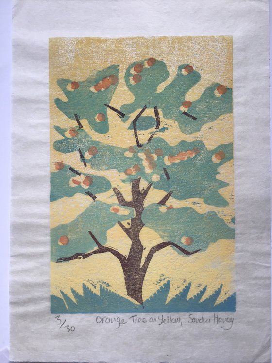 Orange Tree Woodcut on Yellow