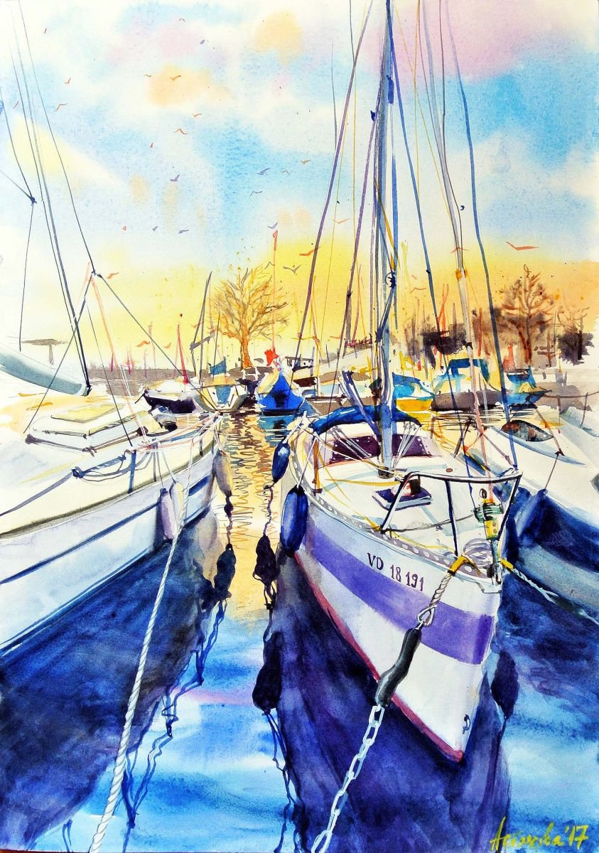 Impressionistic Landscape Watercolour By Ksenia Astakhova, 14 X 20", Winter Sunset In Vevey Ii, Original Artwork