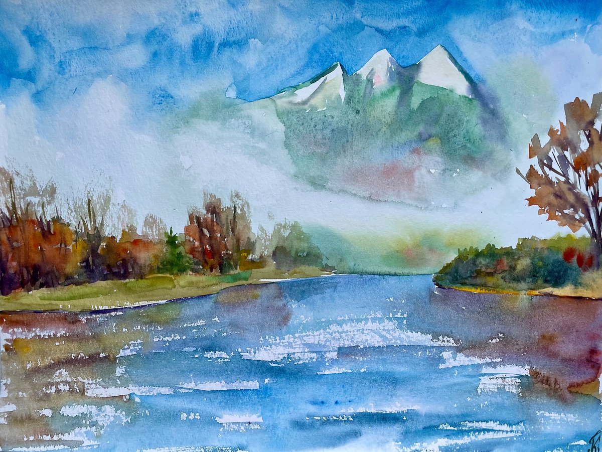 Mountain Original Watercolor Painting, Fall Landscape Artwork, Autumn River Picture, Chris... by Kate Grishakova