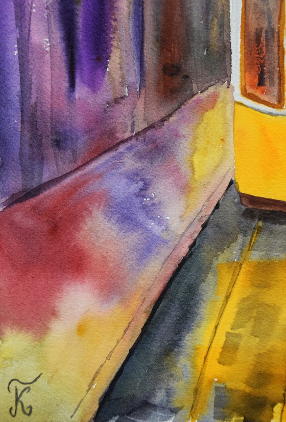 Lisbon tram painting, Lisboa watercolor art original, Portugal wall art