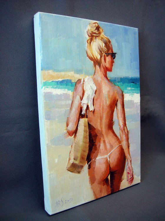 A HOT DAY by Yaroslav Sobol (Beautiful Blonde girl Summer Beach scene Oil Painting Portrait)