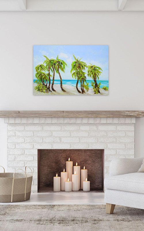Large Abstract Seascape Painting. Palm trees. Beach, ocean, waves, sky with clouds, sailboats, sailing, yacht. by Sveta Osborne