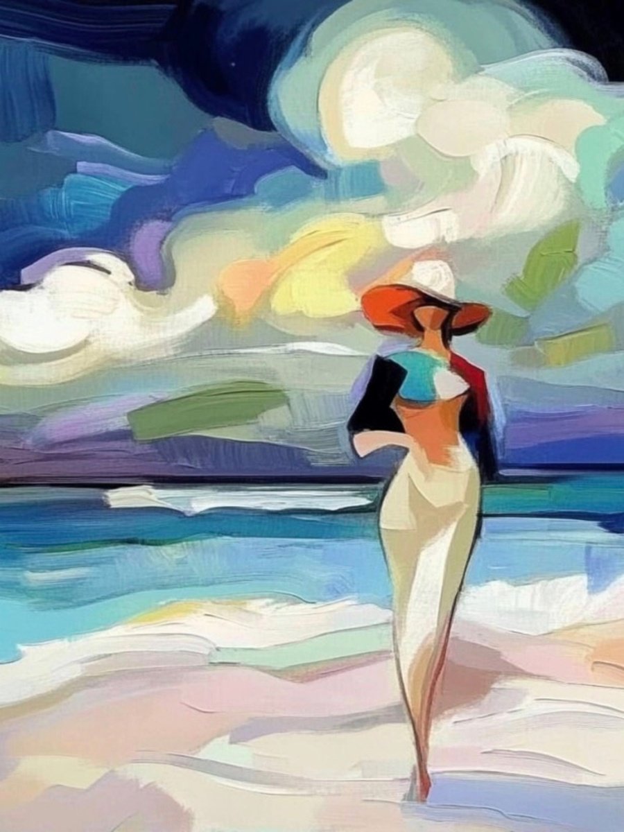 Impressionistic Landscape Print By Elena Avanesova, 24 X 31, Woman On The Beach, Original Artwork