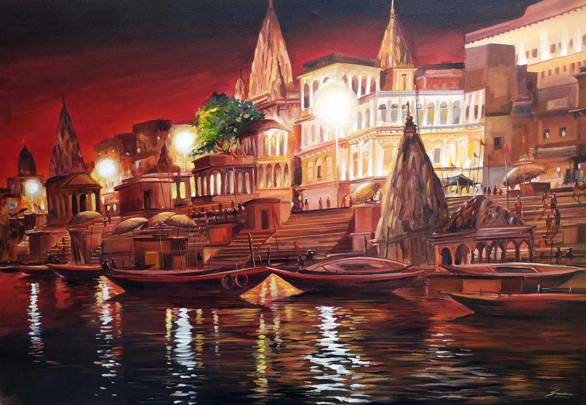 Impressionistic Cityscapes Acrylic Painting By Samiran Sarkar, 43 X 30", Silent Night Ghats At Varanasi, Original Artwork