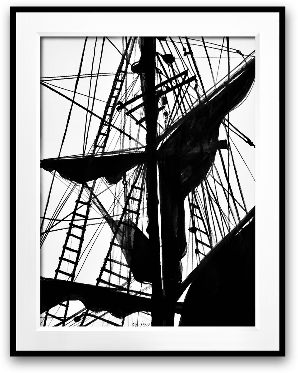 Illustrative Landscape Ink Drawing By Shabs Beigh, 24 X 33", Cutty Sark, Original Artwork