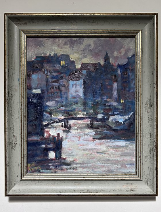 Original Oil Painting Wall Art Signed unframed Hand Made Jixiang Dong Canvas 25cm × 20cm Cityscape Evening in Amsterdam House Small Impressionism Impasto