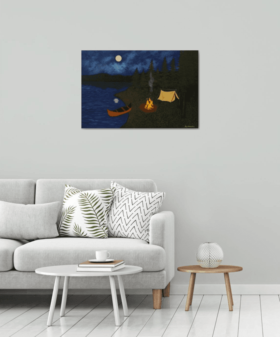 Under the Moonlight - nightscape campfire painting; home, office decor; gift ideas