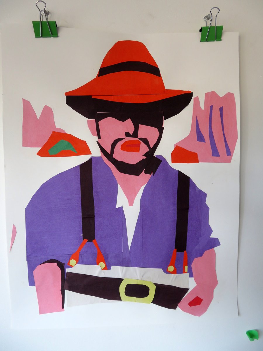 Portrait Collage By Stephen Abela, 22 X 28", Cowboy - Purple And Orange, Original Artwork