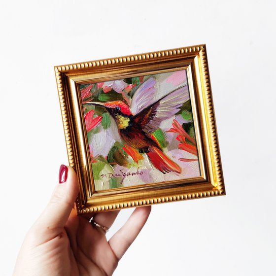 Bird painting original 4x4, Hummingbird art small oil panting, Colorful small bird artwork in gold frame, Bird gifts for women