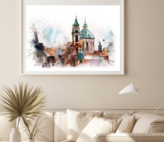 Prague Roofs Cityscape Watercolor