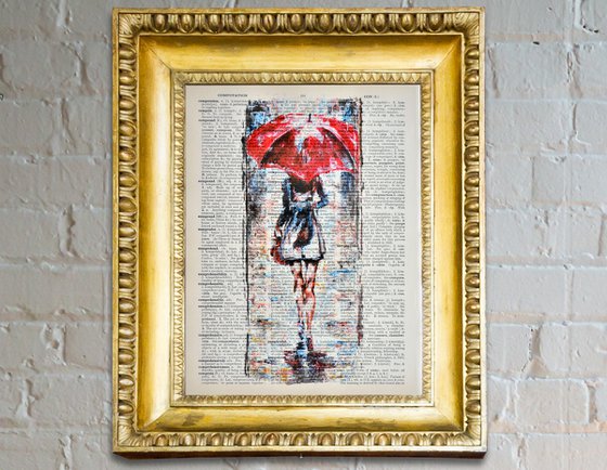 Red Umbrella  - Collage Art on Large Real English Dictionary Vintage Book Page