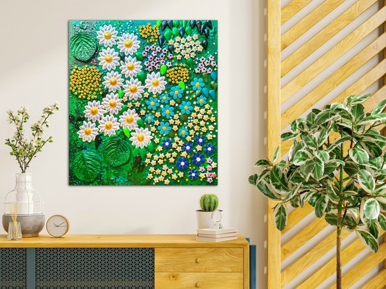 Daisies and forget-me-nots in colorful summer garden. Flowers bas-relief, mosaic