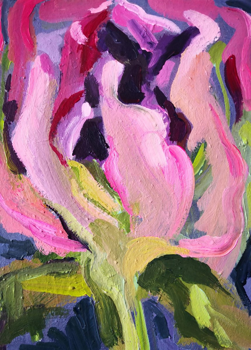 Expressive Botanical Acrylic Painting By Anyck Alvarez Kerloch, 11 X 14, Little Peony, Original Artwork