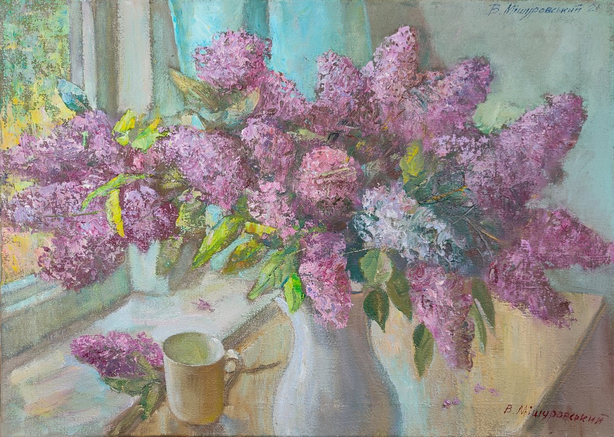 Impressionistic Still Life Oil Painting By Viktor Mishurovskiy, 28 X 20", Lilac, Original Artwork